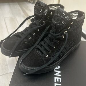 Black mesh/suede Chanel sneakers, slight high top , slightly worn